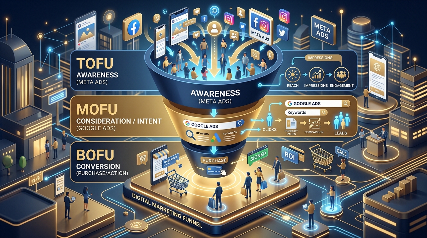Meta Ads vs Google Ads: Which Gives Faster ROI in 2026? Full funnel digital marketing ad strategy for small business Meta ads vs Google ads