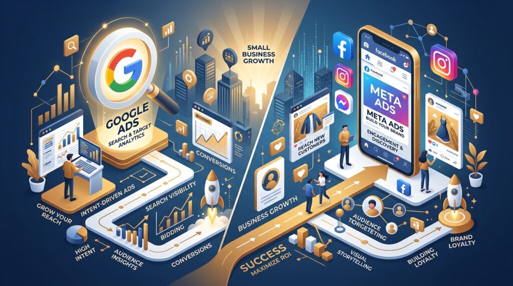 Meta Ads vs Google Ads: Which Gives Faster ROI in 2026? Meta ads vs Google ads for small business comparison illustration banner